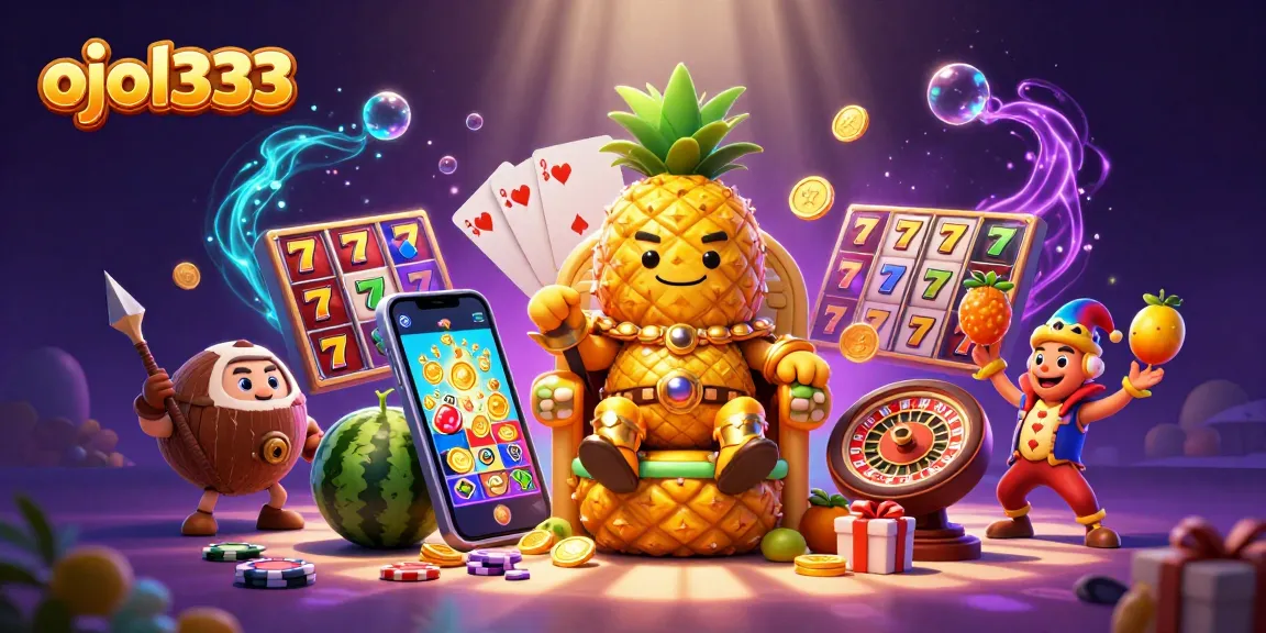 Engage in thrilling slot action with ojol333 in this vibrant casino illustration packed with characters and excitement.