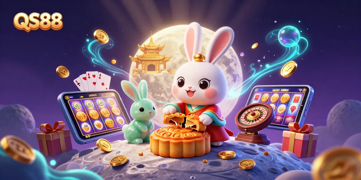 Join QS88's gaming adventure with a 3D moon rabbit revealing poker chips while enjoying thrilling slots.