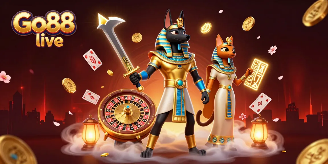 Experience Go88 live with a vibrant 3D casino scene showcasing Anubis and casino elements