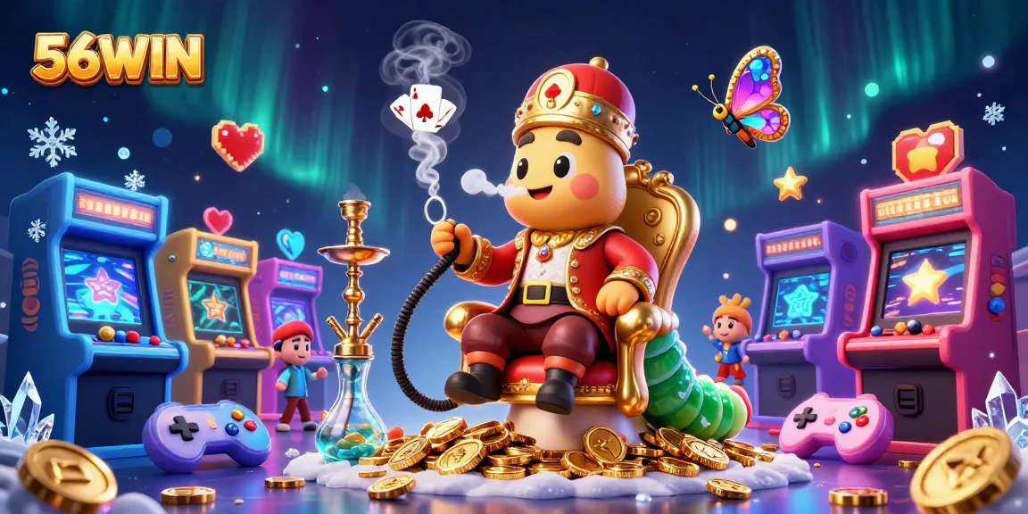 Experience the vibrant gaming scene of 56WIN with a dynamic 3D illustration bursting with color and action.