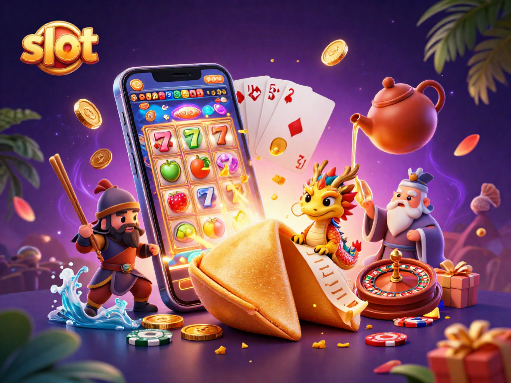 Engage with vibrant slot action featuring golden coins, a wise dragon, and dynamic casino elements.