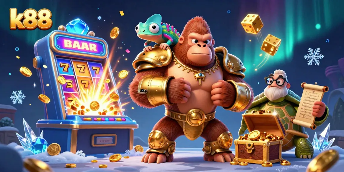 Experience k88's thrilling casino adventures with a gorilla king, chameleon spy, and wise tortoise in action!