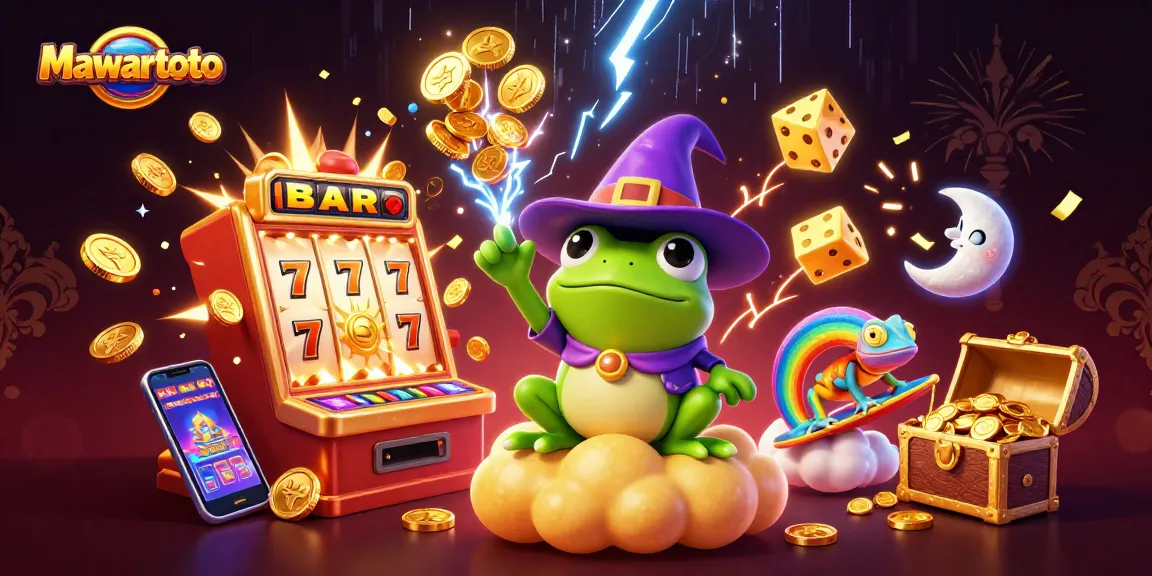 Mawartoto showcases a vibrant casino scene with a weather wizard frog and chameleon amidst a jackpot explosion.