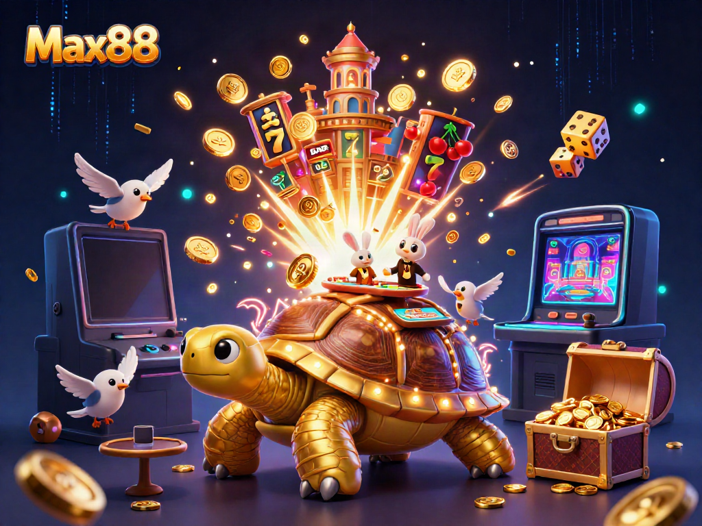 Experience the excitement at Max88 with our vivid casino illustration featuring dynamic characters and elements.