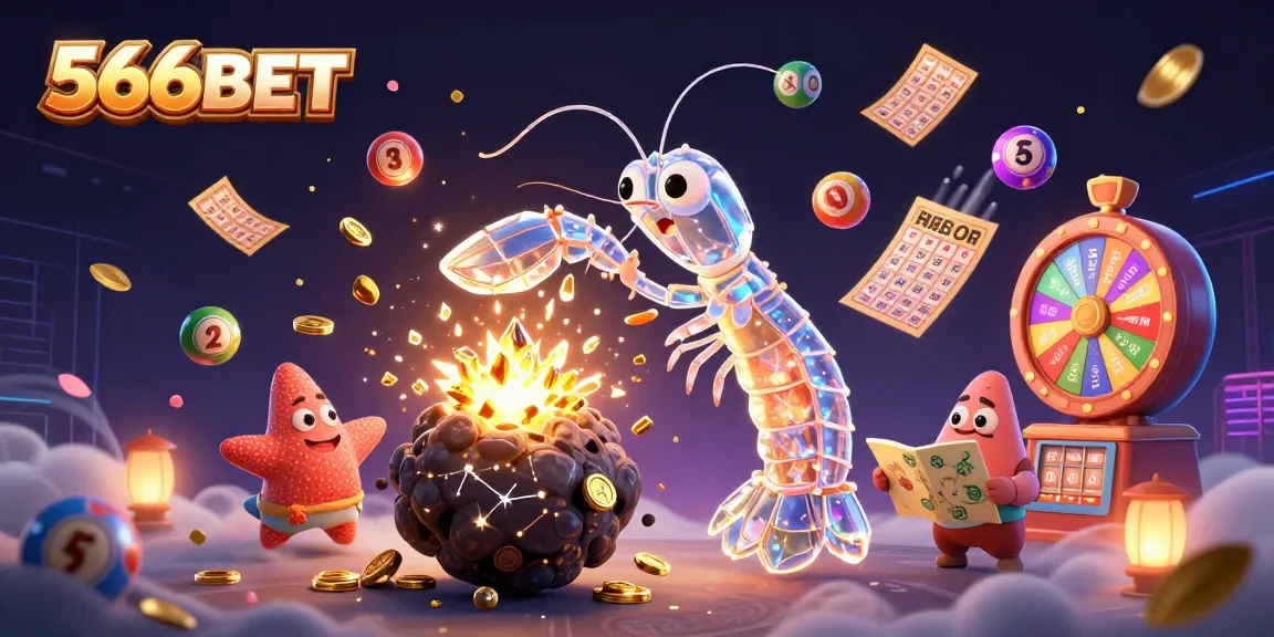 Engage with 566BET featuring a vibrant scene where a galactic samurai mantis shrimp transforms an asteroid into gems amidst colorful gambling elements.