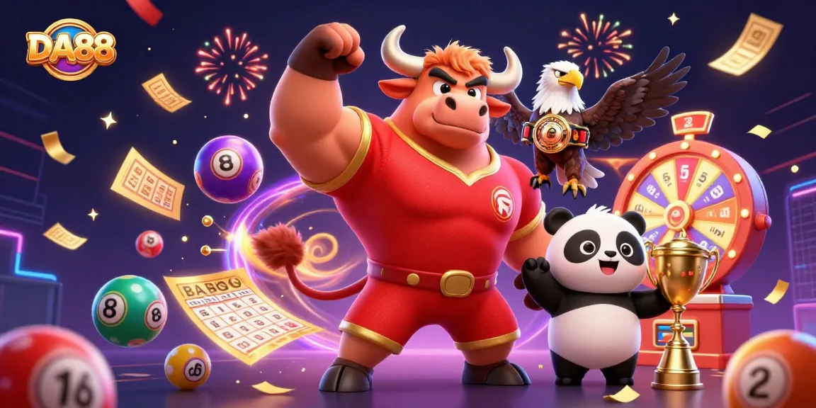 Celebrate winning moments with DA88 - a vibrant casino scene featuring a bull mascot, eagle, and panda.