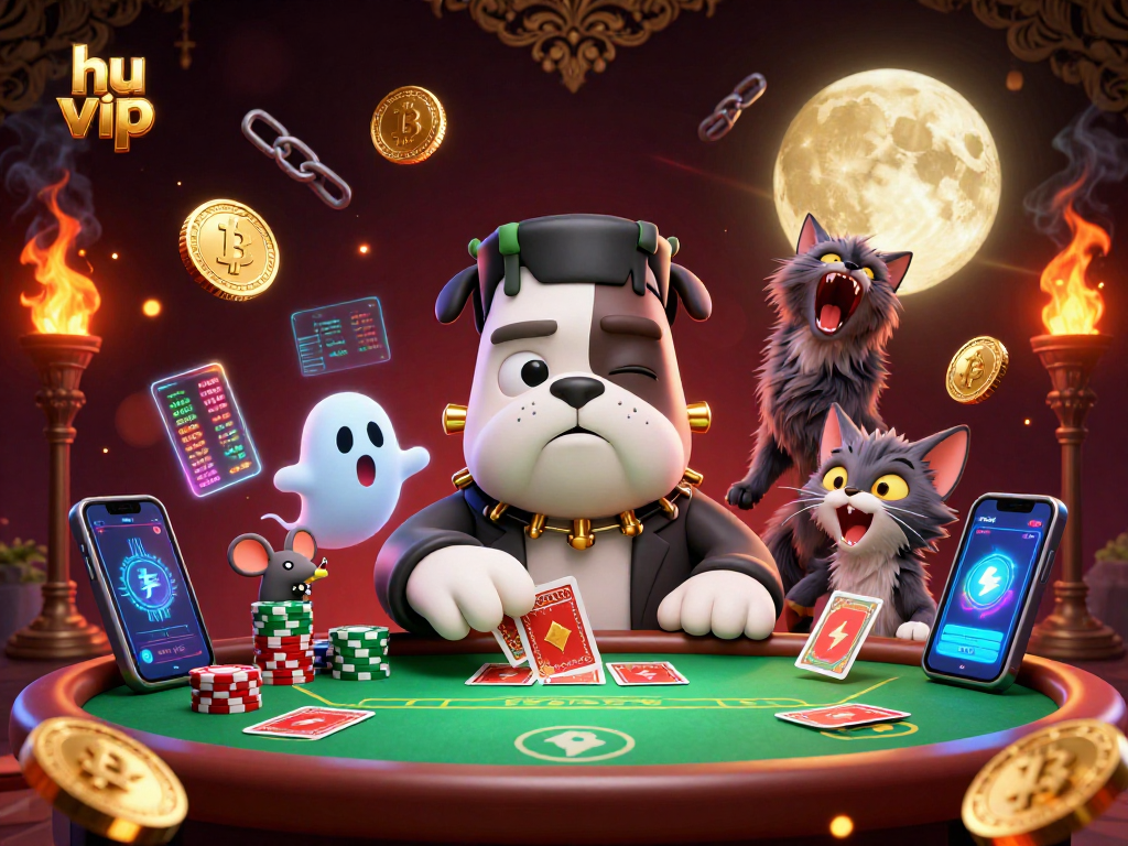 Join the action at hu vip with a 3D cartoon bulldog dealer and ghost mouse, showcasing thrilling poker gameplay.