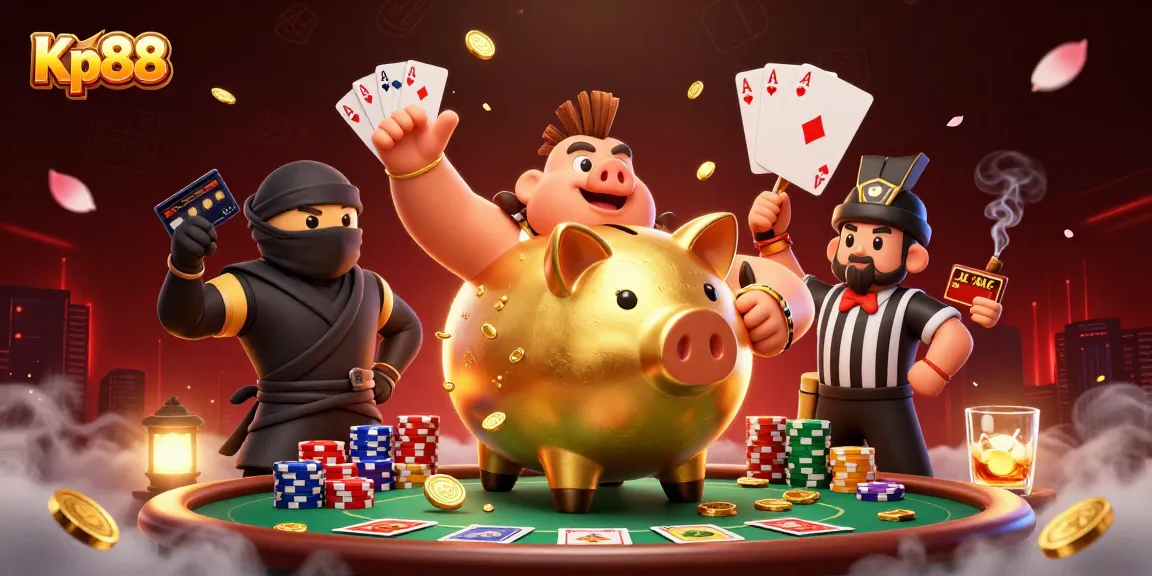 Join the fun at Kp88 with a thrilling casino battle featuring characters and poker elements.