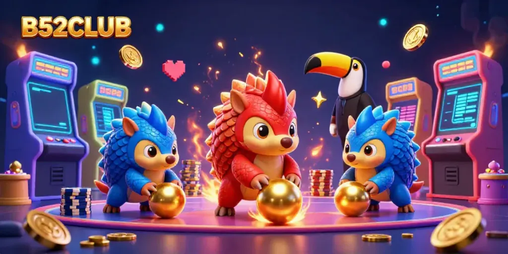 Experience the excitement of B52CLUB with dynamic pangolins battling in a colorful casino-themed arcade.