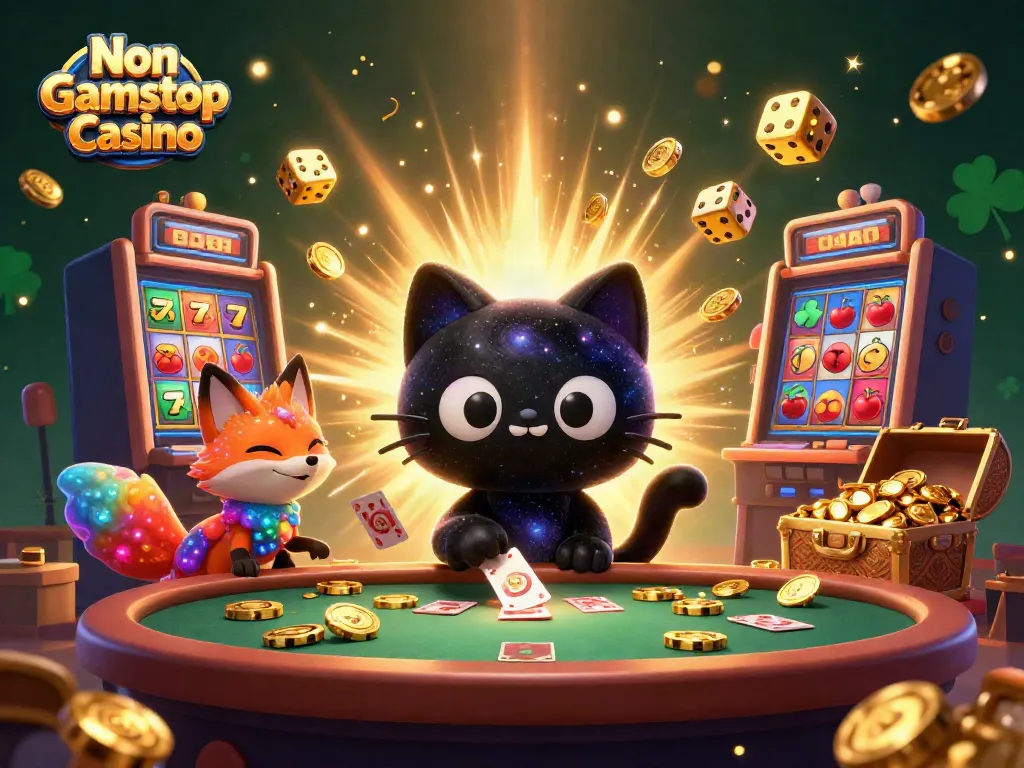 Engaging scene of Non Gamstop Casino with a black hole cat and colorful fox amid cosmic gameplay.