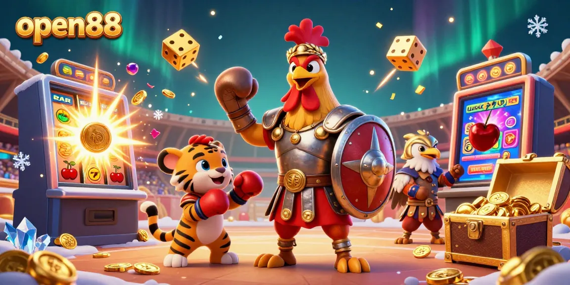 Experience the excitement of open88 with a gladiator rooster and casino elements in a vibrant arena.