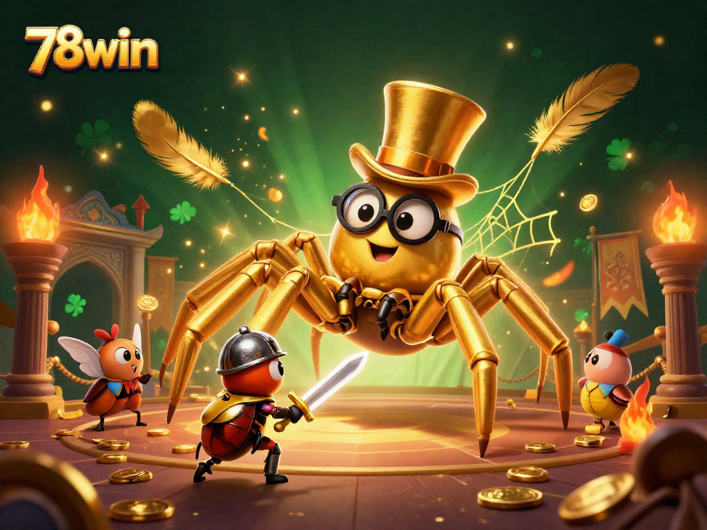 Engage in epic gambling adventures with 78win, featuring a golden tarantula and beetle knight.