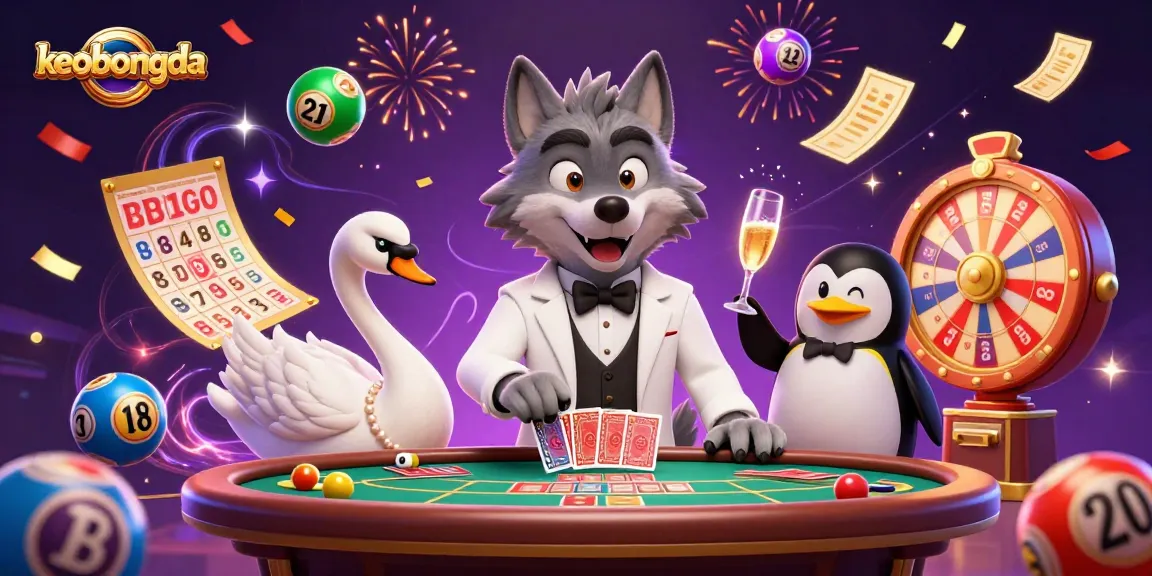 Engage with keobongda's thrilling atmosphere featuring a stylish wolf, elegant swan, and penguin at a vibrant casino scene.