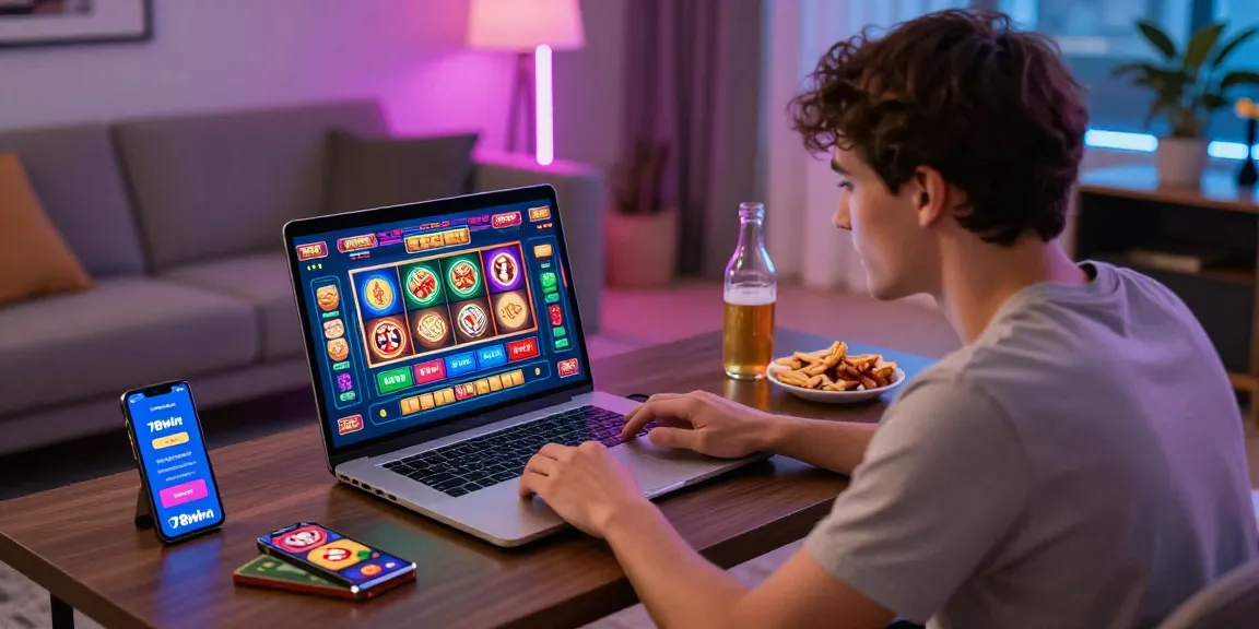Engaged player on 78win gaming platform in vibrant living room atmosphere.