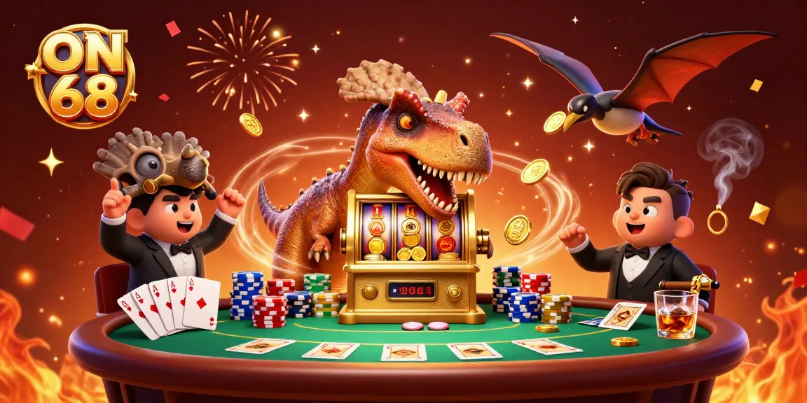 Players enjoy huge wins at ON 68 as a cartoon pachycephalosaurus celebrates jackpot winnings.