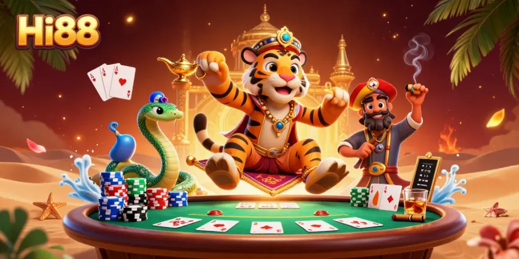 Experience the thrill at Hi88 with poker chips and a magical tiger sultan illustration.
