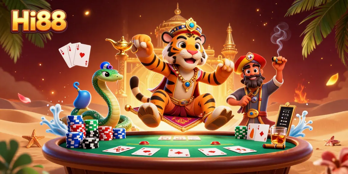 Experience the thrill at Hi88 with poker chips and a magical tiger sultan illustration.