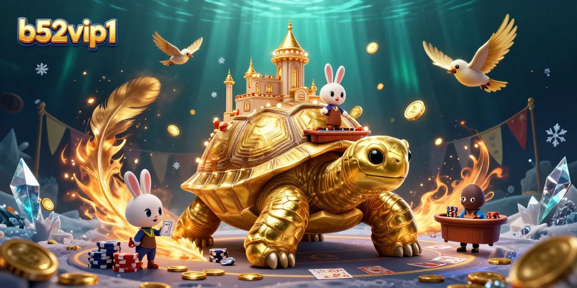 Engage in exciting gameplay at b52vip1 featuring a vibrant casino scene with golden tortoise and rabbit dealer.