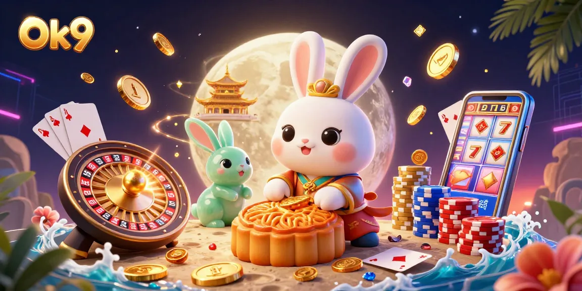 Ok9 showcases a dynamic casino scene with a moon rabbit surrounded by gold coins and poker elements.