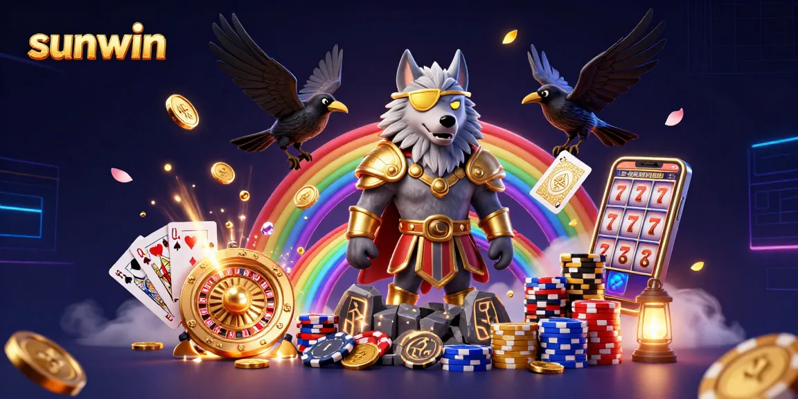 Win big at sunwin with this vibrant 3D illustration of Odin, slot symbols, and fortune elements!