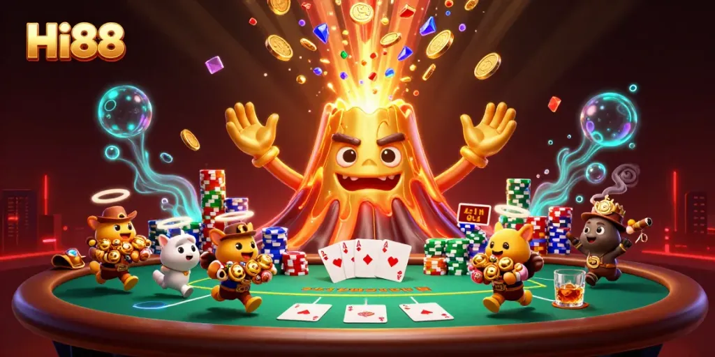 Engage with Hi88 as the golden volcano erupts treasure, surrounded by poker excitement.