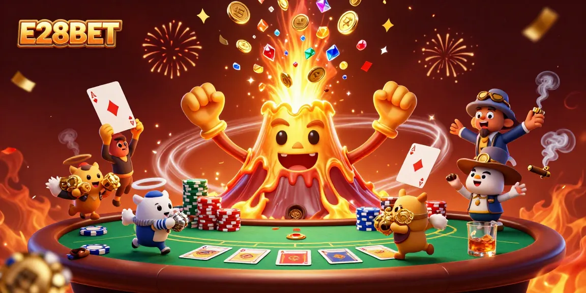 E28BET brings thrilling excitement with a colorful erupting volcano and treasure-laden scene.