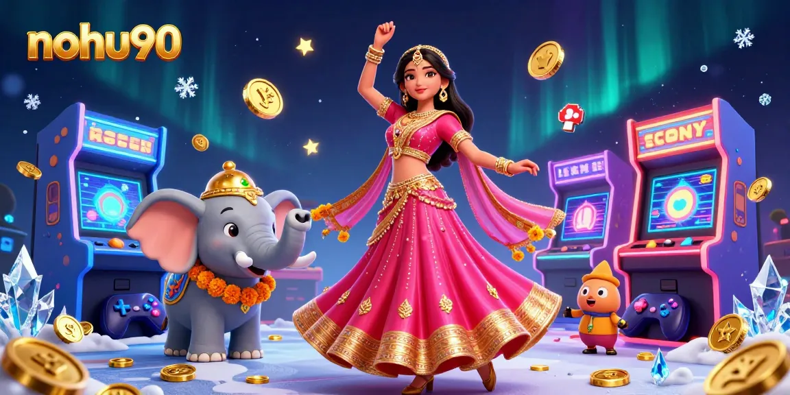 Noh90 brings vibrant gaming excitement with colorful slots, coins, and a stunning Asian dancer.