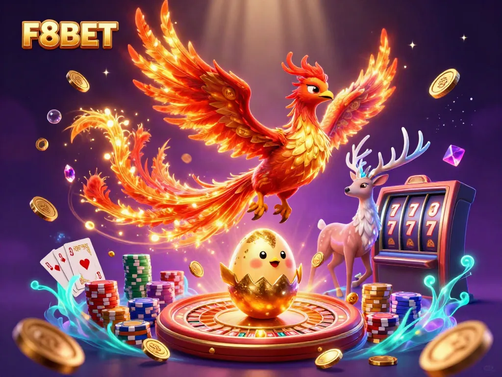 Experience F8BET's vibrant gaming world with a stunning phoenix and dynamic casino elements in this illustration.
