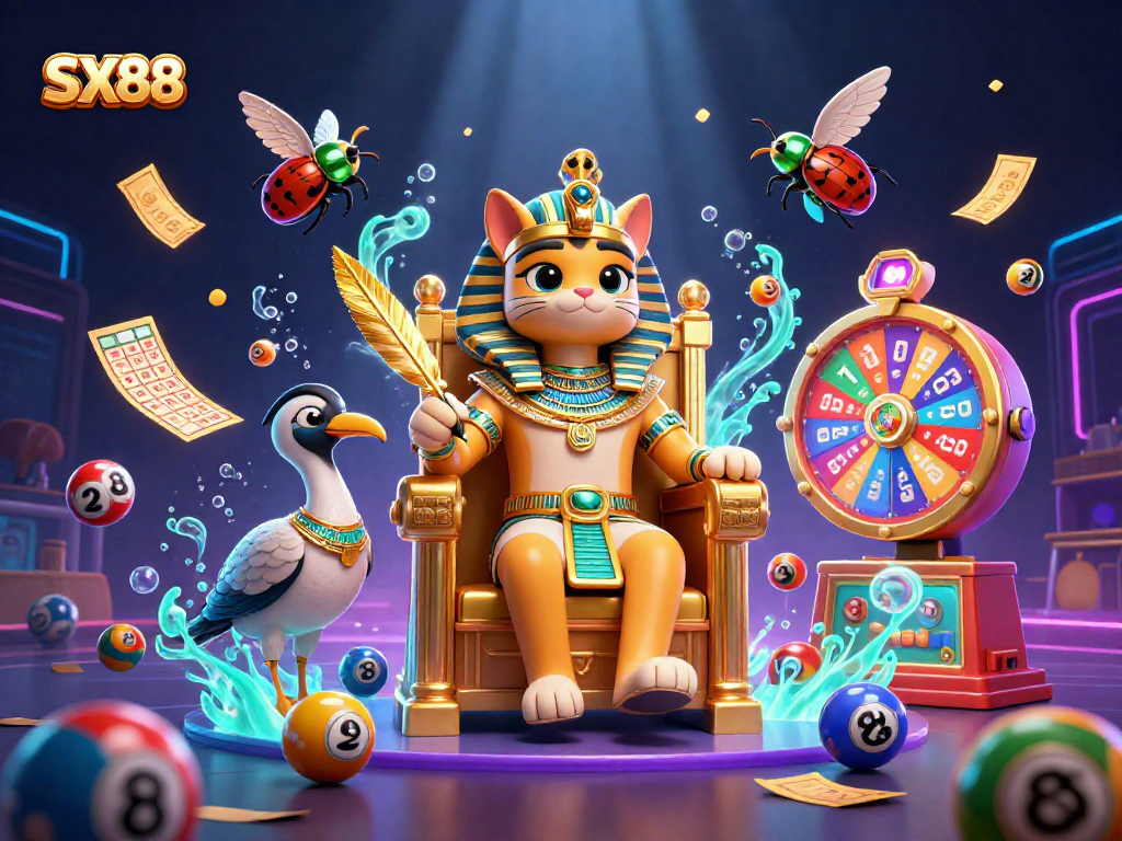 SX88 showcases excitement with a dynamic lottery scene featuring a pharaoh cat and colorful elements.