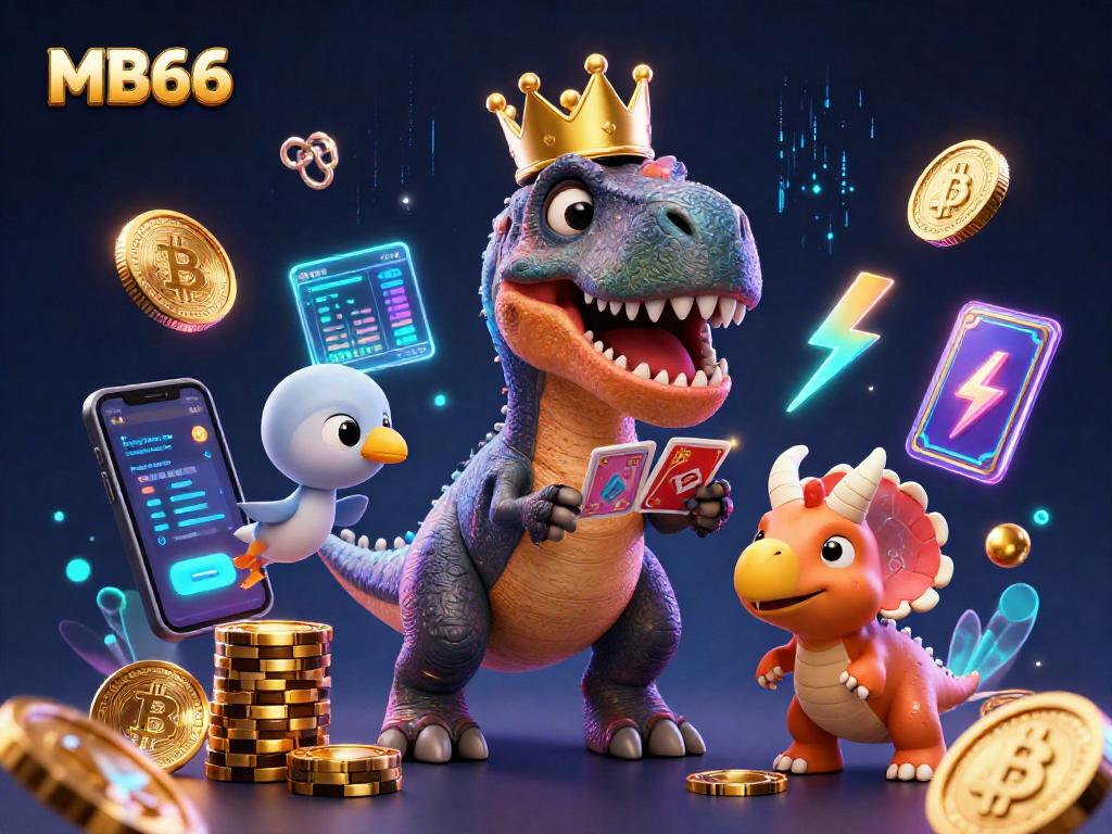 Play casino games with MB66 featuring a T-Rex shuffling cards and a baby triceratops stacking chips.