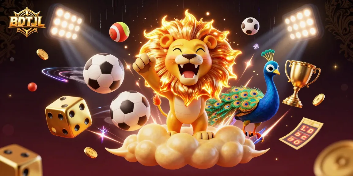 Engage in thrilling casino vibes with BDTJL as a dynamic sun lion roars amidst vibrant games.