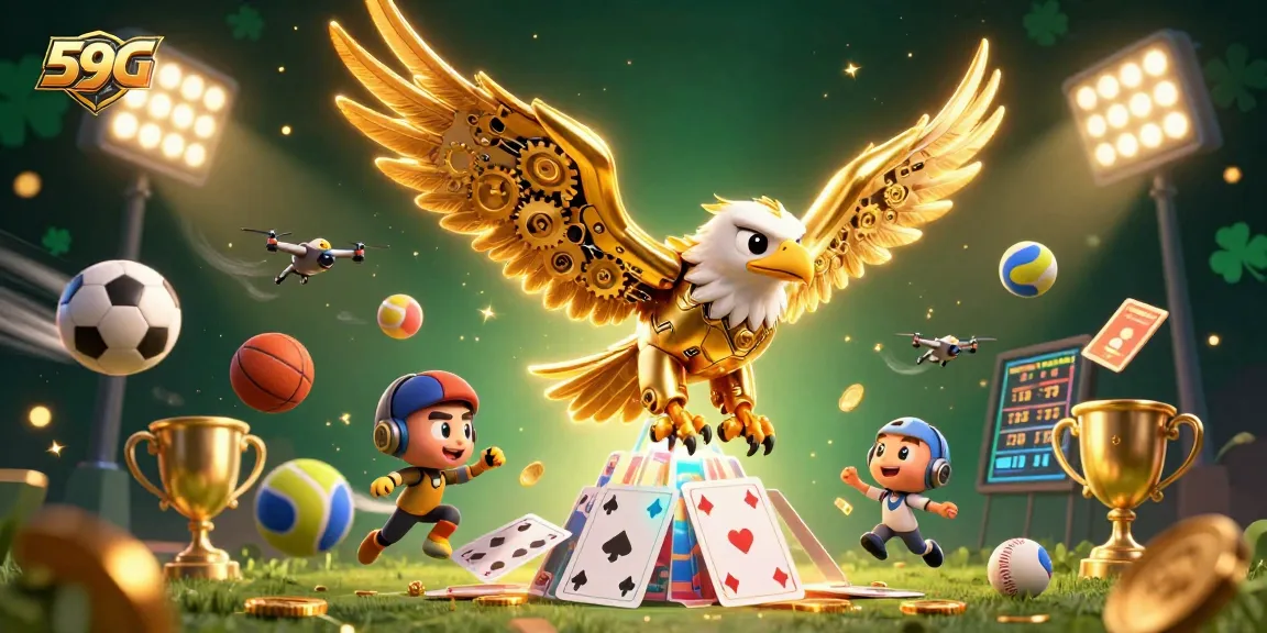 Experience thrilling gaming at 59G, featuring a cybernetic eagle soaring through cards and sports elements