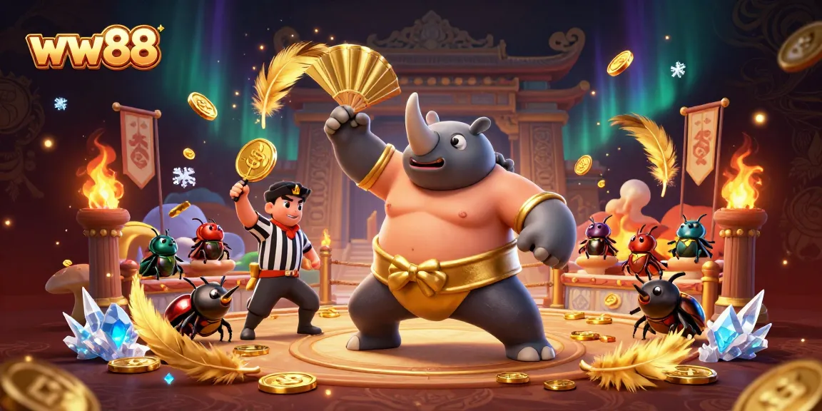 Experience thrilling gameplay at ww88 with a dynamic scene of a sumo beetle champion and cricket referee.