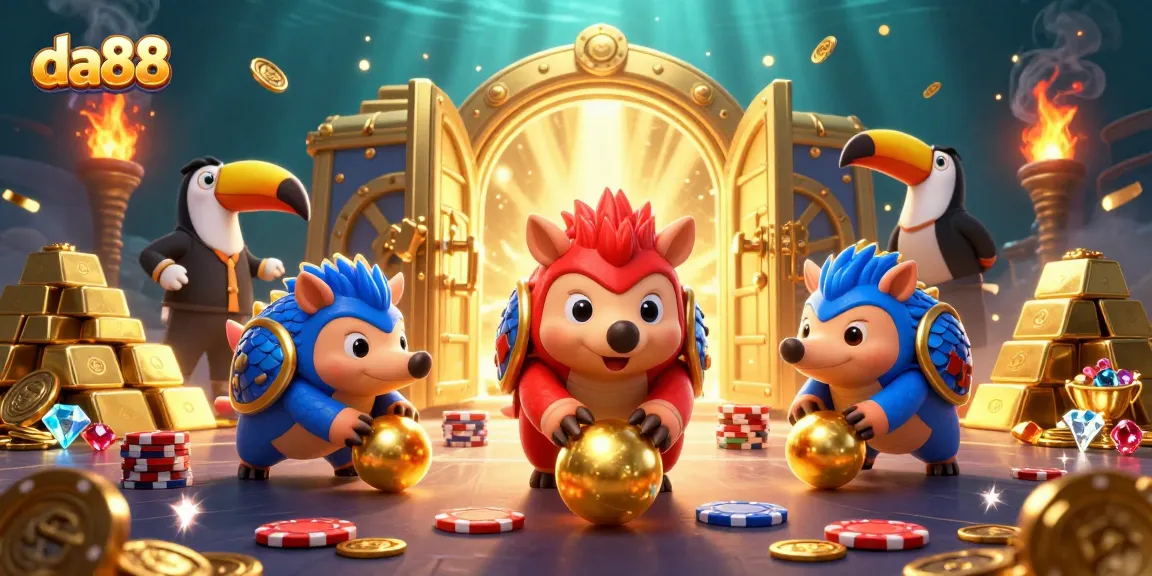 da88 pangolins compete in an energetic casino showdown, surrounded by golden riches.