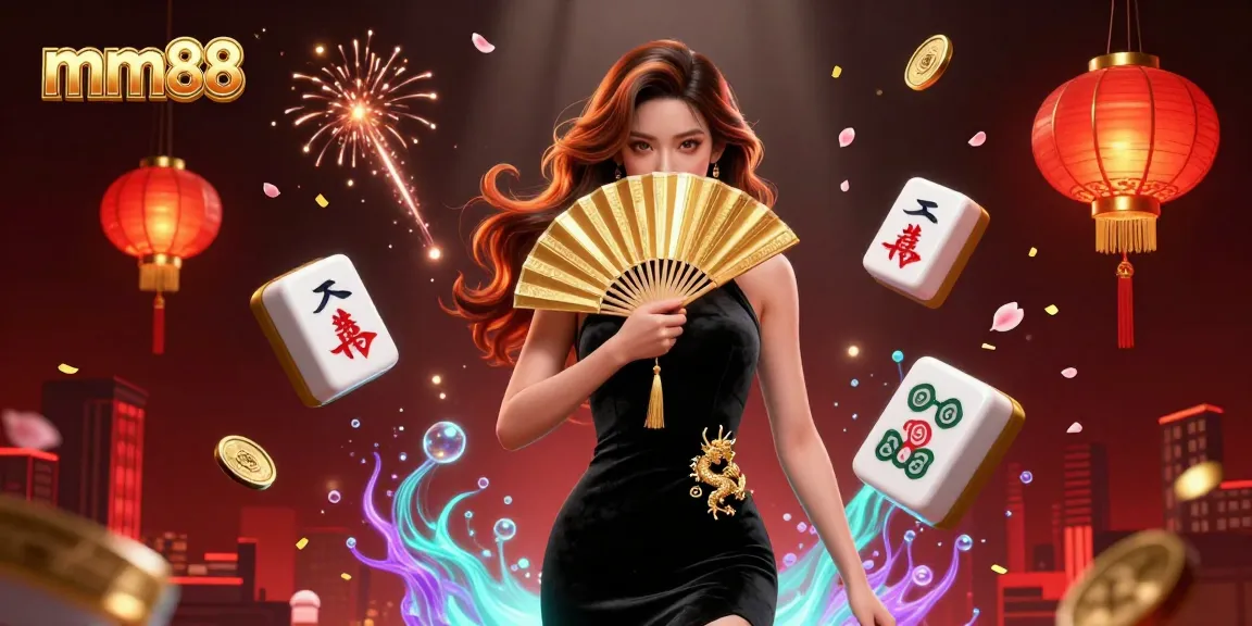 Engage with the mm88 platform in a vibrant casino scene featuring woman with golden fan, jade coins and rich details.
