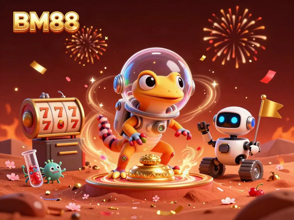 Martian gecko explores golden casino in red Mars sand, celebrating with casino elements—BM88.