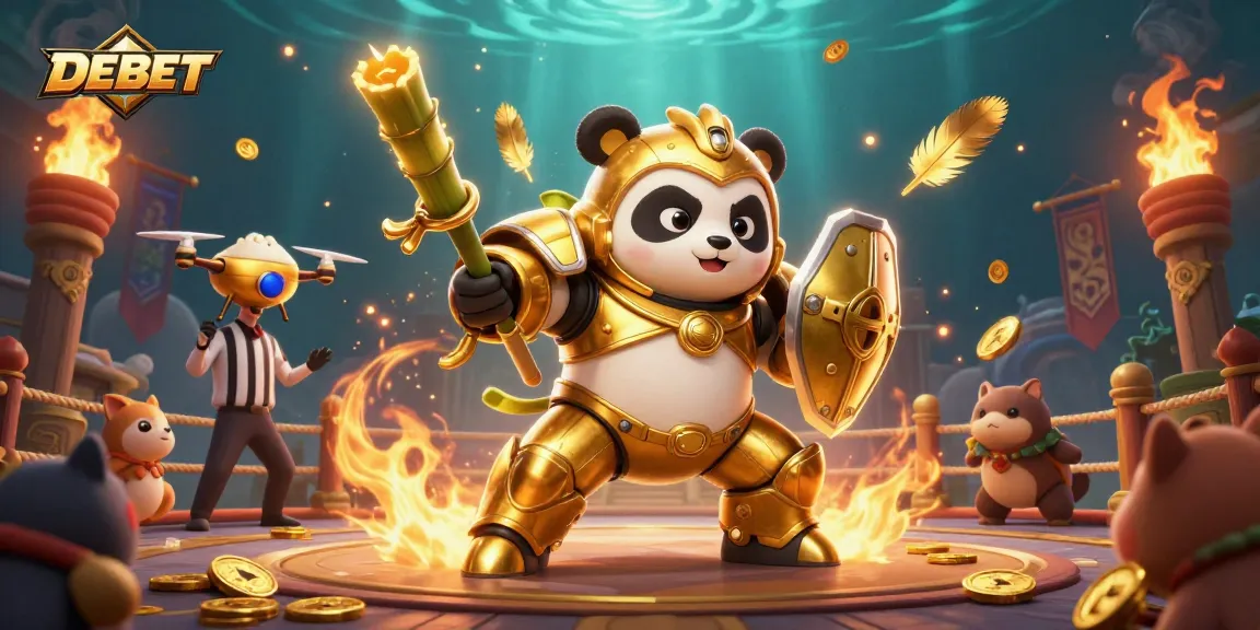 DEBET showcases a lively gambling scene with a golden panda robot in action, surrounded by cheering animals.