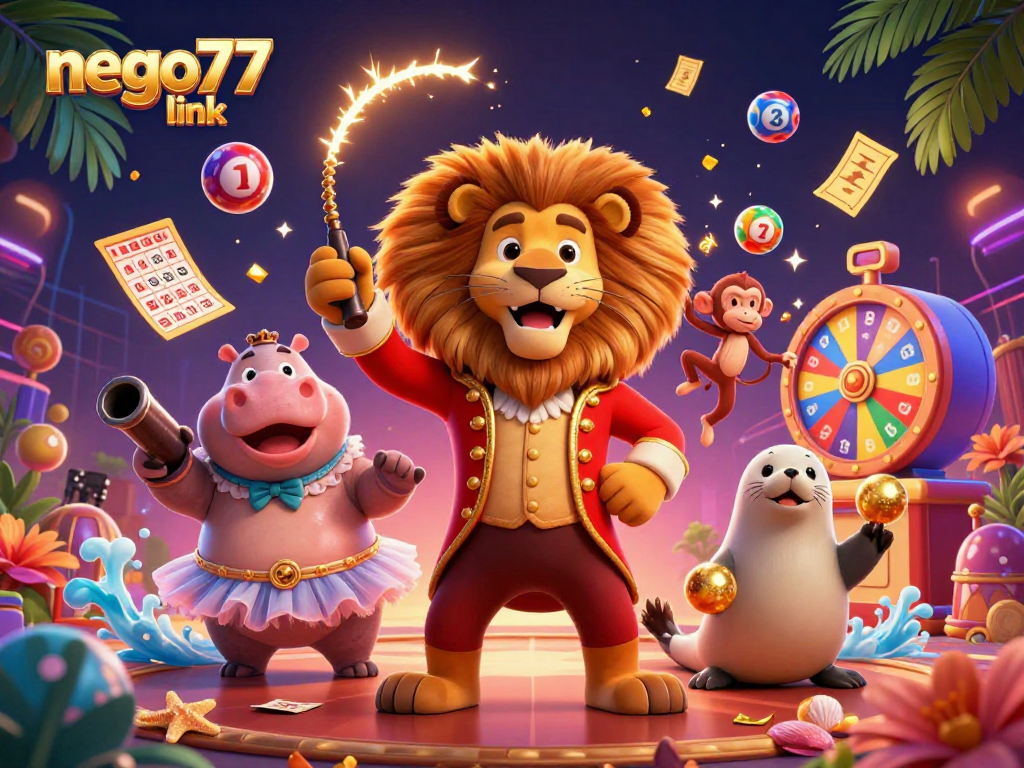 Experience the excitement of lottery games with the vibrant "nego77 link" illustration showcasing dynamic character interaction and winnings.