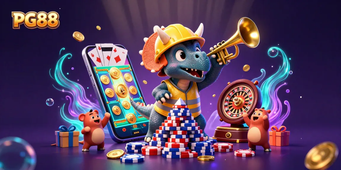 PG88 captures excitement with vibrant casino characters building a poker chip pyramid.