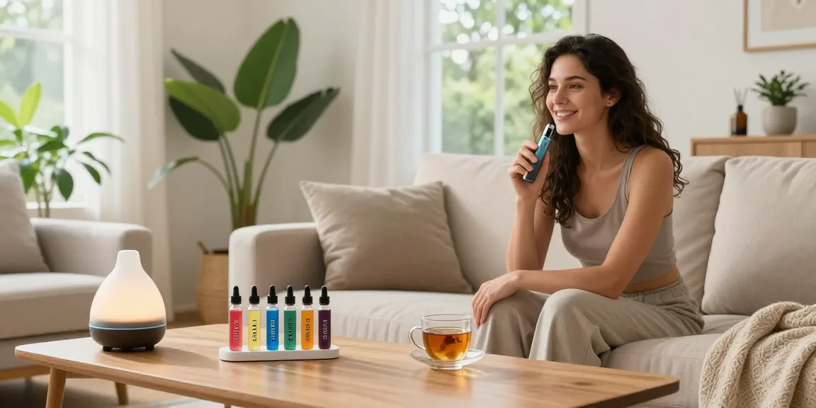 THC vape juice collection displayed in a serene living room with natural wellness elements and a calming atmosphere.
