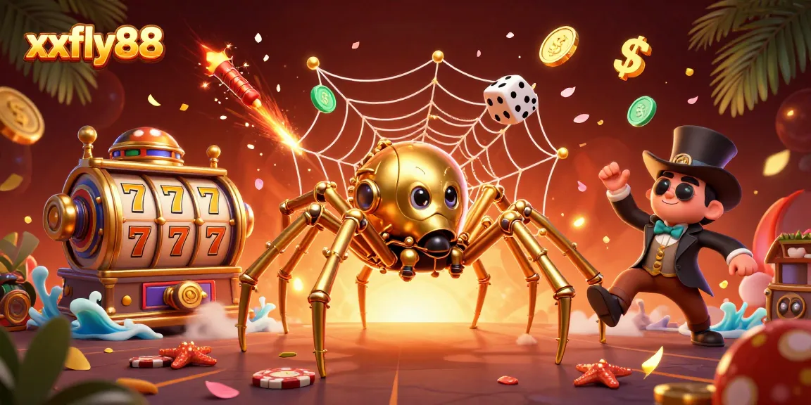 Engage in thrilling slots at xxfly88 with gold coins and vibrant animations surrounding a unique steampunk spider scene.