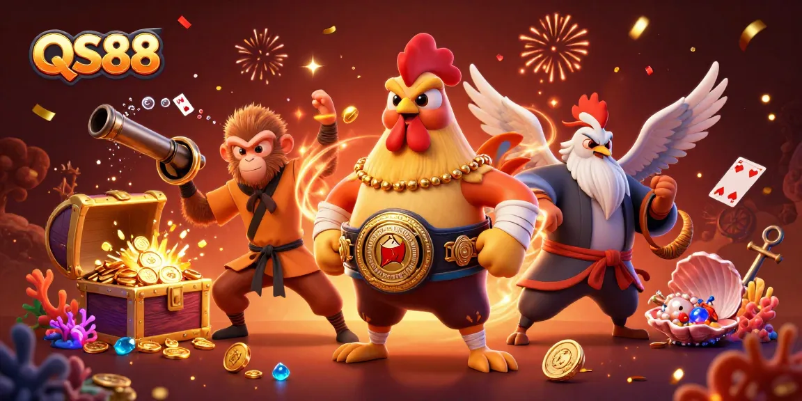 Experience thrilling wins at QS88 with a fierce rooster and martial artist amidst sparkling casino treasures.