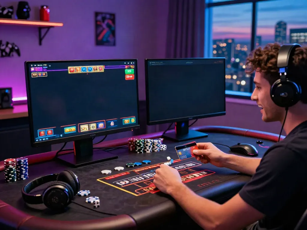 Enthusiastic player engaging in a credit card casino game setup with gaming accessories and colorful displays.