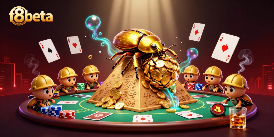 Spin reels at f8beta casino featuring cartoon beetles and a golden coin pyramid.