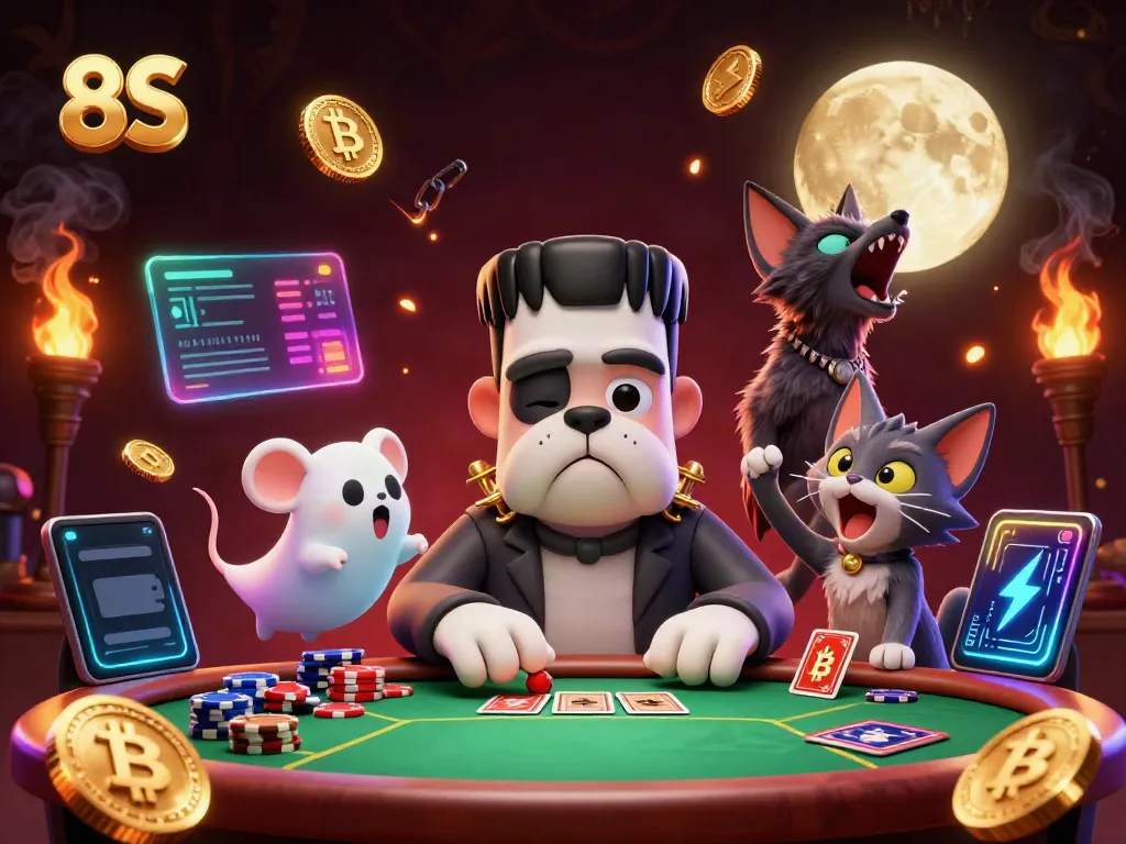 Engaging 8S casino scene featuring a monster dealer and themed elements in a spooky atmosphere