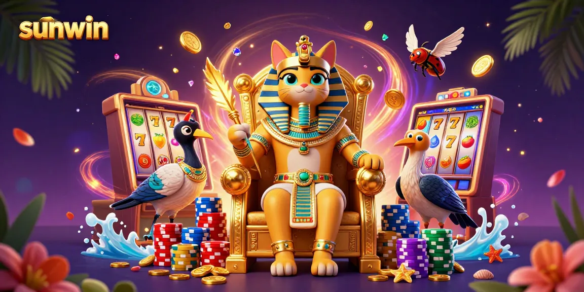 Spin the reels at sunwin with an Egyptian-themed casino scene showcasing vibrant slots and lively characters.