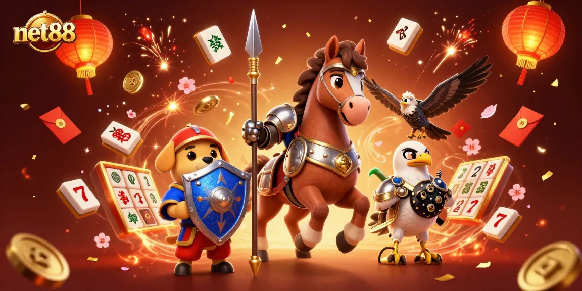 Engage with net88's vibrant online casino atmosphere featuring a knight, puppy, and falcon.