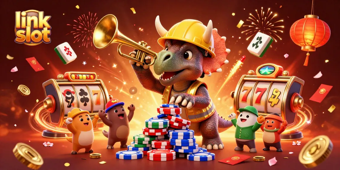 Memperlihatkan permainan link slot dengan triceratops dan parasaurolophus merayakan kemenangan kasino.