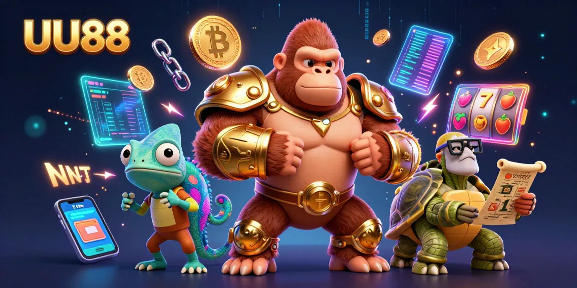 Engage with UU88's vibrant casino scene featuring a powerful gorilla king, chameleon companion, and ancient tortoise.