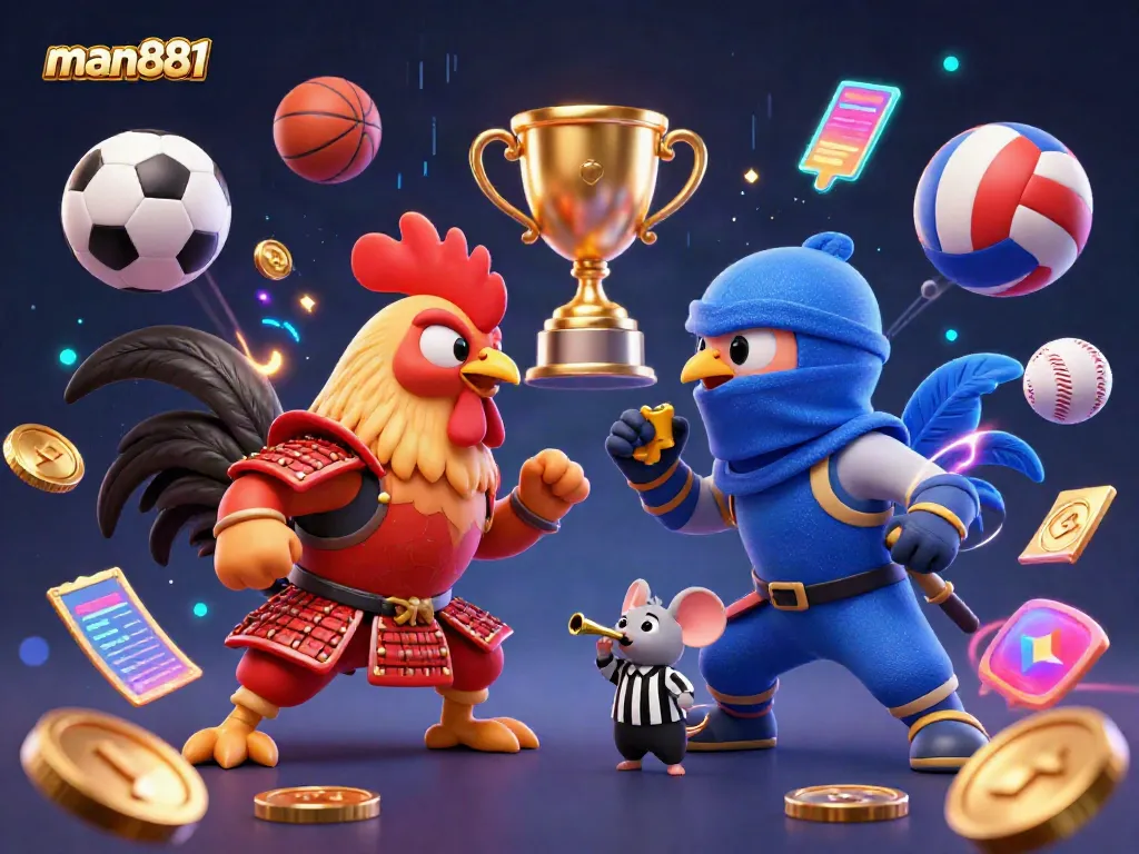 Experience thrilling action at man881 with cartoon fighting roosters, sports elements, and stunning visuals.